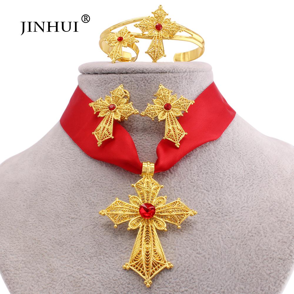 Эфиопский позолоченный крест, ювелирные наборы, кулон, ожерелье, серьги, кольцо, Дубай, подарки для женщин, свадебный комплект из Эритреи