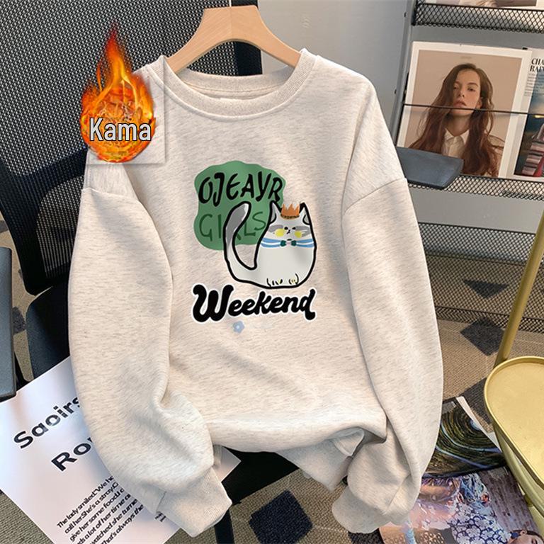 Women's 300g Chinese Cotton Sweatshirt, Cartoon Print, Korean-Style, Loose Fit, Versatile Casual Top for Spring and Autumn