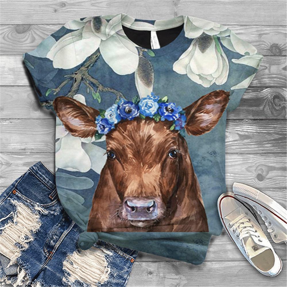 Женская футболка с коротким рукавом, летняя повседневная анимационная лошадь, цифровой 3D принт, сексуальный топ с диагональным воротником, свободный женский пуловер