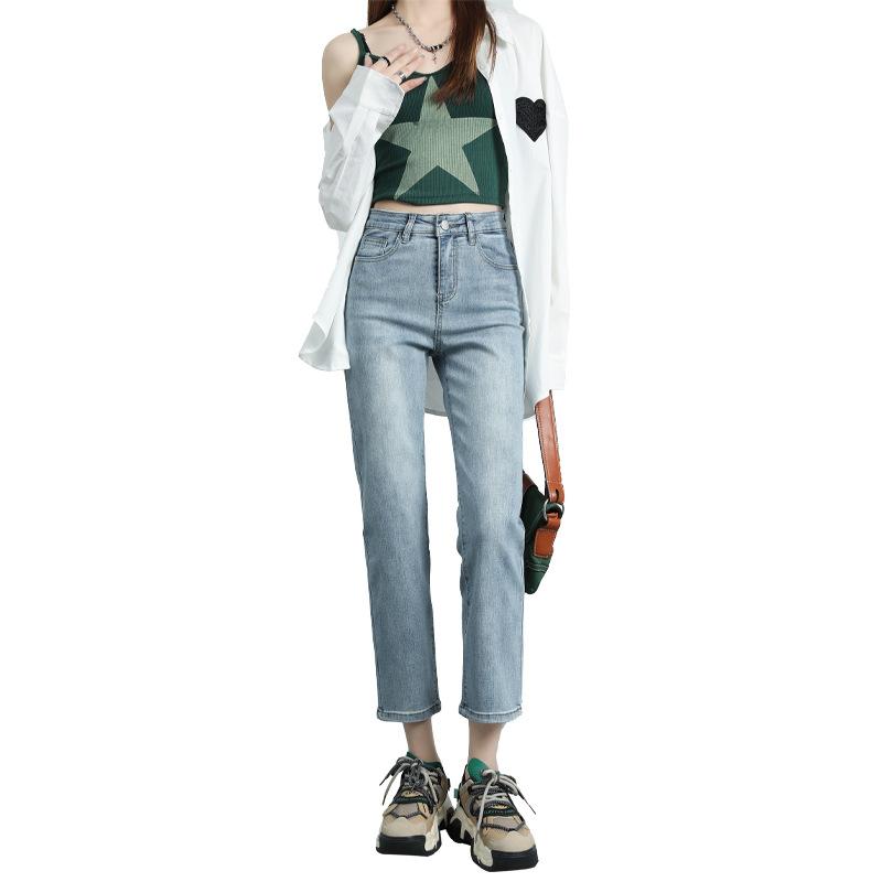 Прямые джинсы для женщин с высокой талией, облегающие, французский стрейч, брюки длиной девять точек для женщин на осень и зиму, свободные, светло-голубые, ретро-голубые