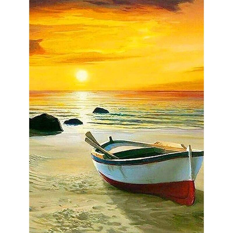 5D DIY Diamond Painting Sunset Boat View Diamond Embroidery Sea View Cross Stitch Flower Full Round Drill Home Decor Gift