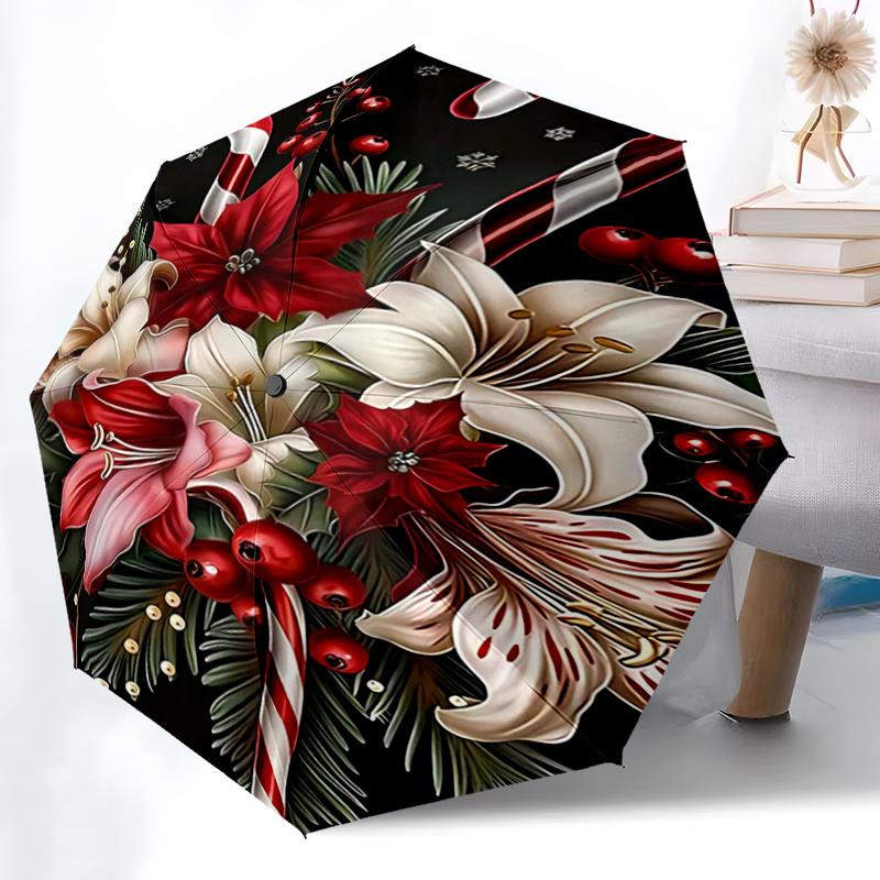 1pc Christmas Candy and Flowers Pattern Automatic Umbrella is Fashionable and Good-Looking, a Portable 3-Fold Umbrella, Suitable for Travel and Daily