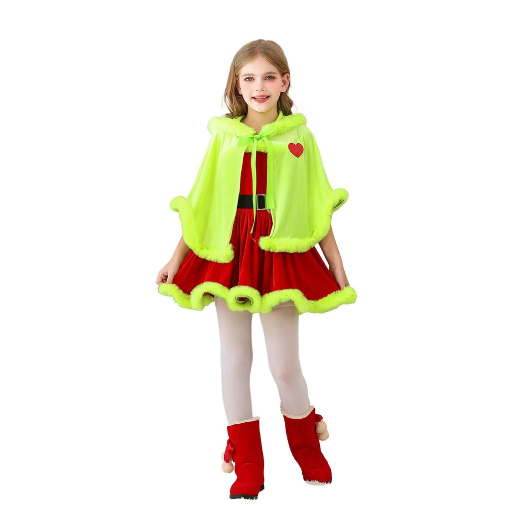 Christmas costumes children's geeks green hair monster grinch cape dress Santa Claus children's clothing Christmas party