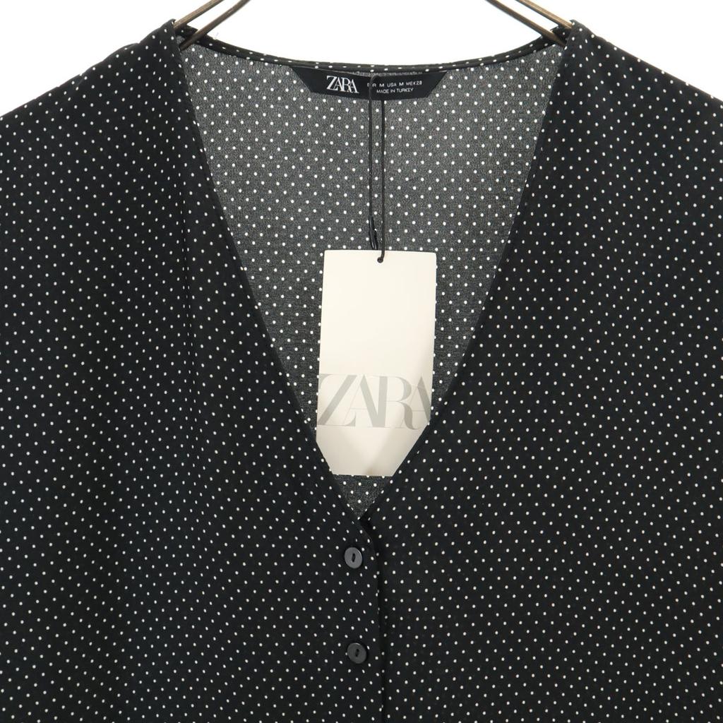 Unused ZARA Dot Pattern Short Sleeve V Neck Mini Dress M Black Women Used