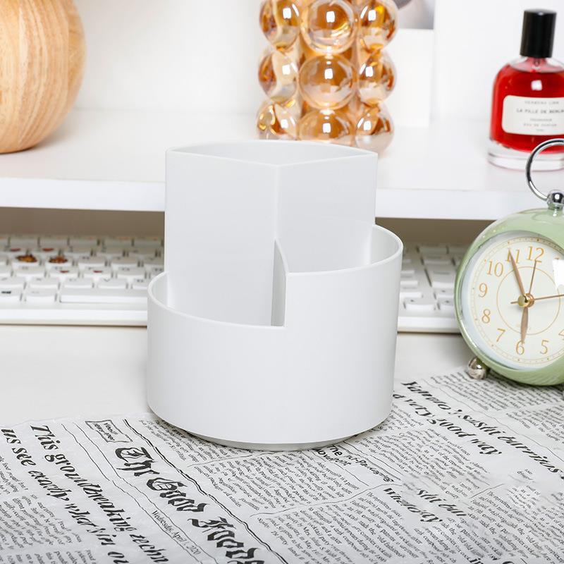 1pc Rotating Pen Holder, Office Student Desktop Pen Storage Box, Office Storage Three-hole Makeup Brush Box