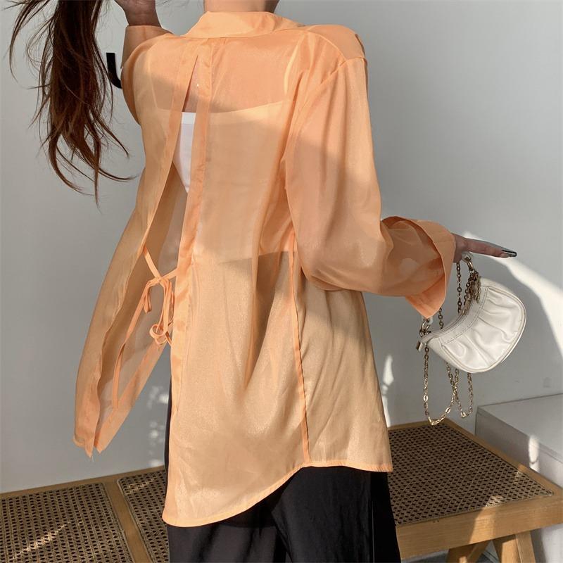 Back Split Lace-up Casual Loose Shirts Women Fashion New See Through Long Sleeve Women's Blouses Thin Breathable Sun Protection Office Lady Tops 26108