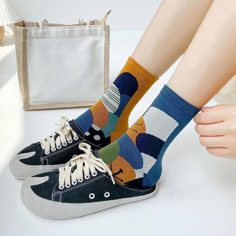 Женские разноцветные жаккардовые носки с двумя пальцами из гребенного хлопка, мягкие дышащие носки с раздельными пальцами, забавные шикарные носки таби с растениями, леопардовым принтом и полосками