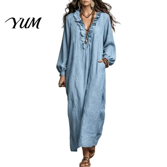 V Neck Dresses Women Ruffle Long Dress, Loose Fit Casual Midi Spring Autumn Dress Solid Color Sleeves for