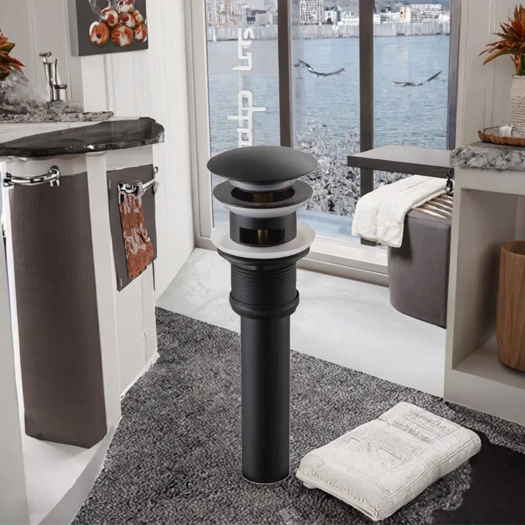 Bathroom Plastic Matte Black Chrome Plated Push Pop-Up Drain Stopper Contemporary Design Shape Screw Connection for Vessel Sink