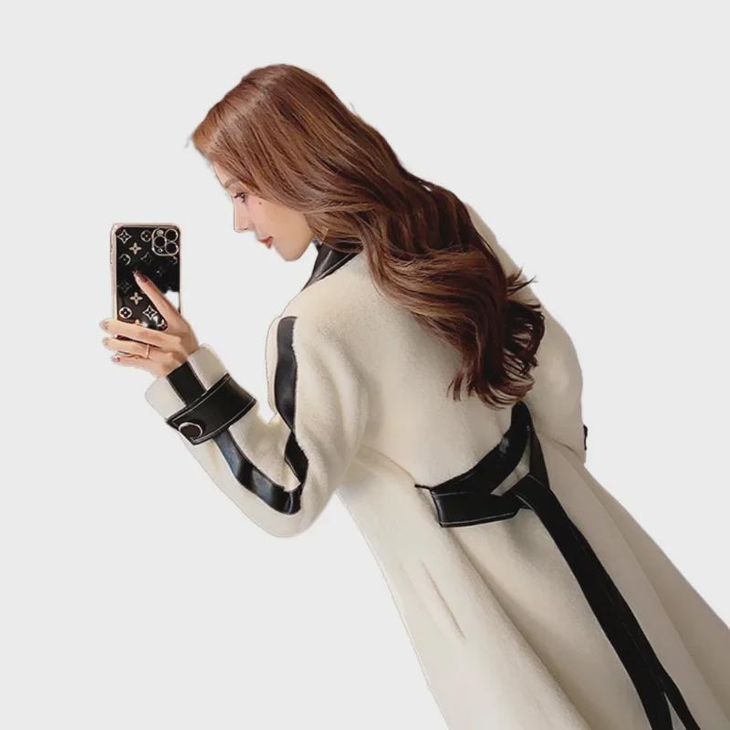 «Женское шерстяное плюшевое пальто 2024 года с контрастной строчкой»