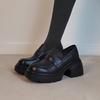 Leather Version~ Leather Heightened Platform Loafers Women's Black Round Head Thick Heel Single Shoes Retro British Style Small Leather Shoes