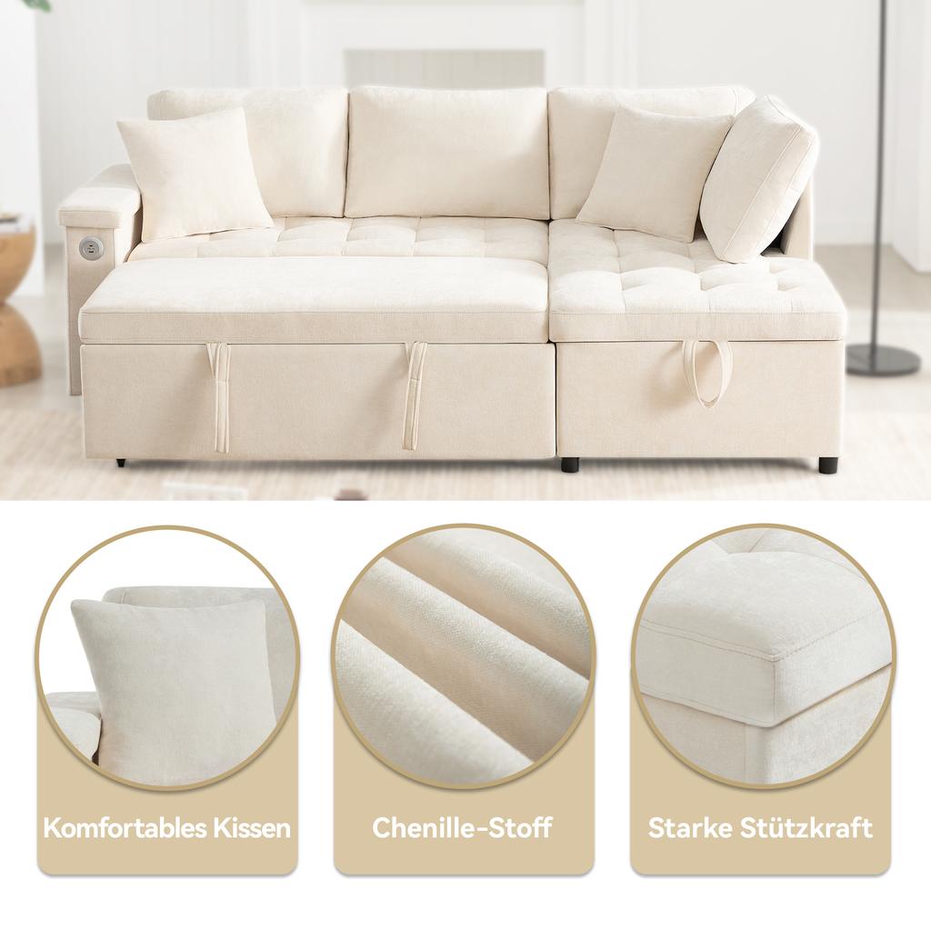 Modern L-shaped sofa with pull-out sofa bed, storage space, USB charger, armrest storage and 2 cushions, suitable for living room etc. Beige.