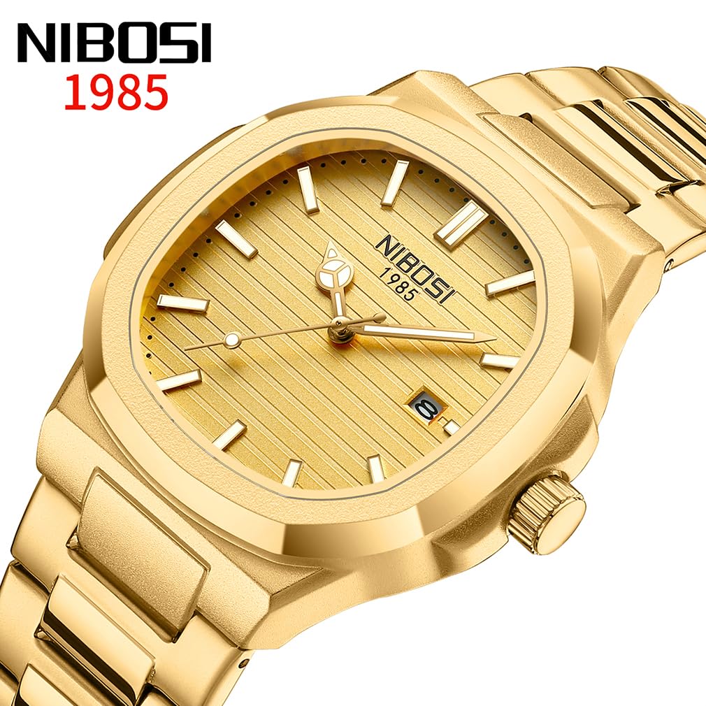 NIBOSI модные деловые наручные часы из нержавеющей стали с водонепроницаемым аналоговым металлическим ремешком, повседневные флуоресцентные часы с датой, классические роскошные подарочные золотые часы для мужчин