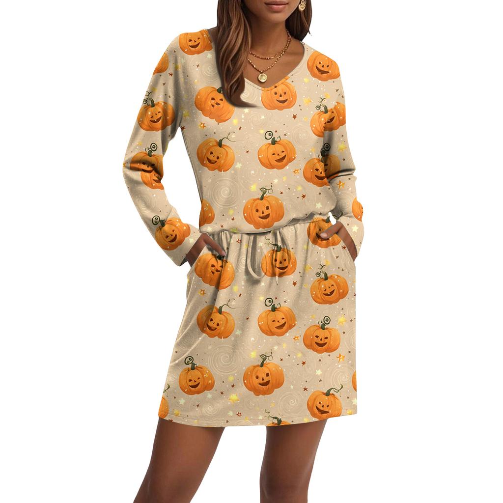 Women's Fashionable V-neck Long Sleeved Drawstring With Pocket Halloween Printed Casual Dress