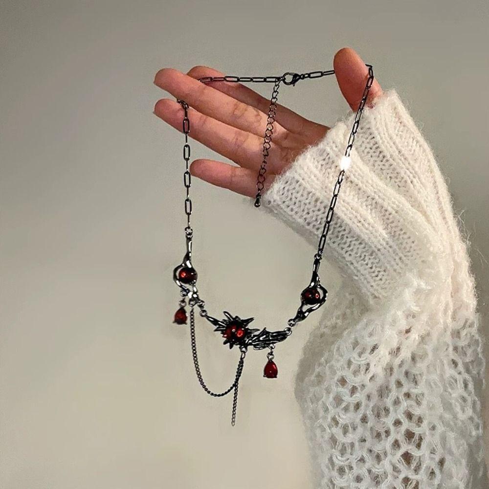 Темный готический чокер-цепочка с кисточками, панк-ошейник, цепочка на ключицу, ожерелье с подвеской из красного циркона для женщин
