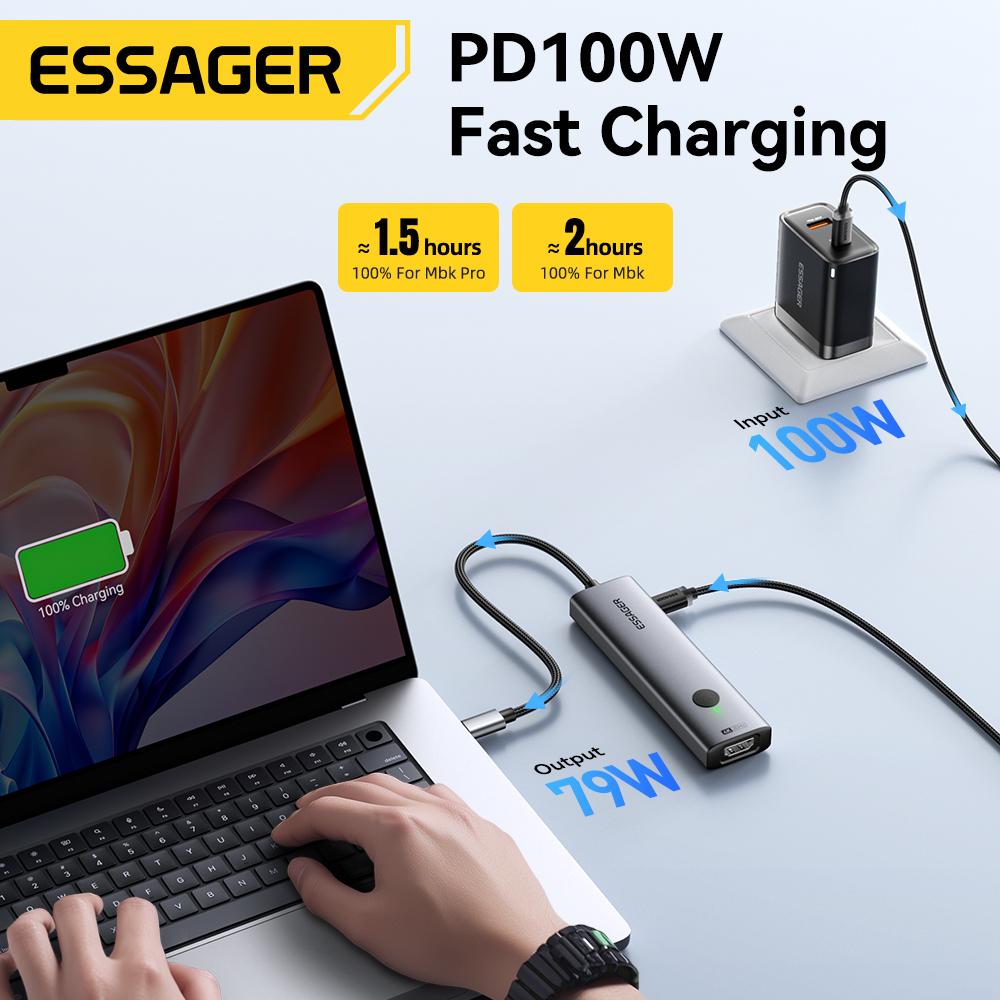 Essager USB C ХАБ 4K 7-в-1 Type C на HDMI PD 100 Вт SD&TF USB 3.0 5 Гбит/с Многопортовый адаптер для MacBook Ноутбука iPad Телефона Разветвитель