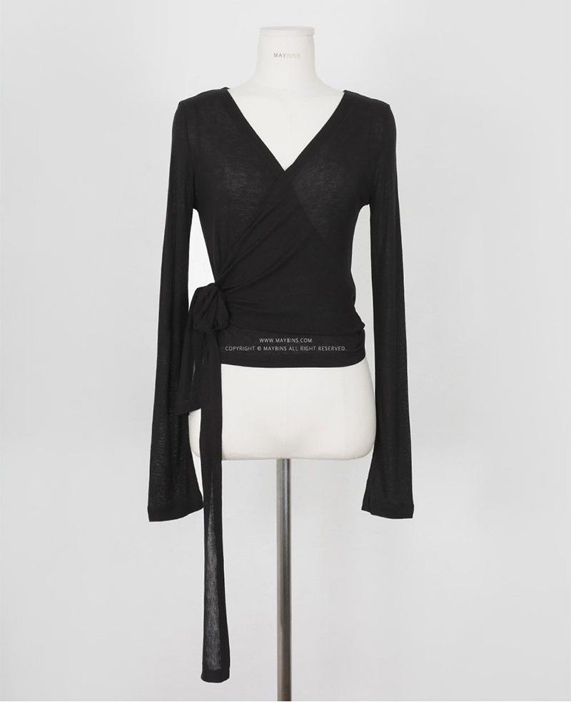 В наличии: Женская сексуальная футболка с низким вырезом, шнуровкой, подчеркивающая талию, с длинным рукавом для лета - в корейском стиле Дондэмун