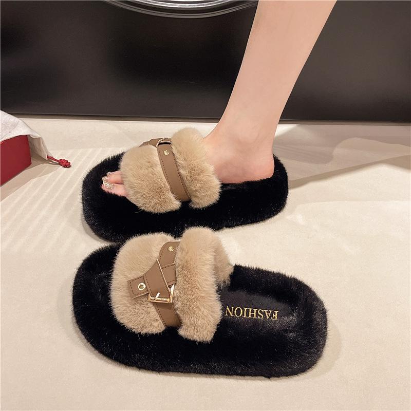 Модернизированная версия женских тапочек Мао Мао, осенне-зимняя новинка, интернет-знаменитость, мягкая подошва, пряжка на ремне, одно слово, тапочки Мао, домашние тапочки