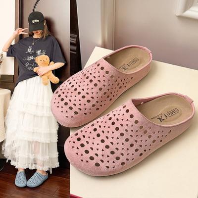 Мода Мода Баотоу Ажурная перфорация Замшевая кожа Однотонные Лаконичные Полушлепанцы Женские Круглый носок Натягивающиеся Мюли Пляжная обувь Женская