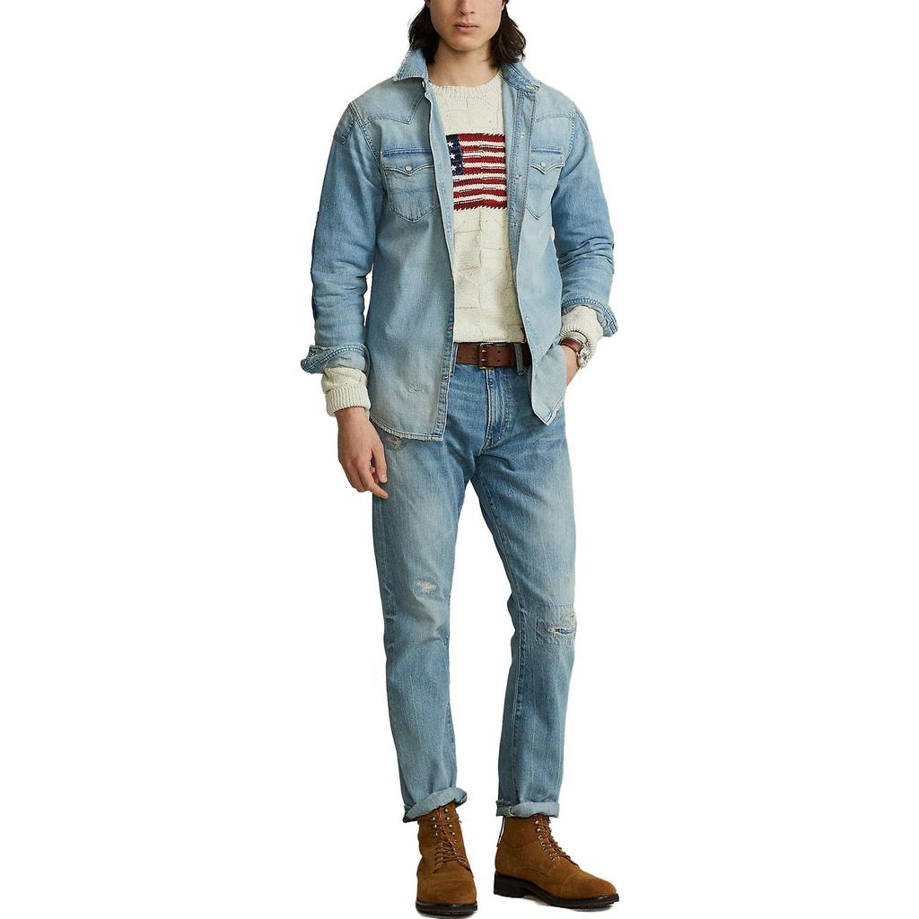 Polo Ralph Lauren FW22 Однобортная джинсовая рубашка с длинным рукавом и накладным карманом Мужские рубашки синего цвета 710864086-001