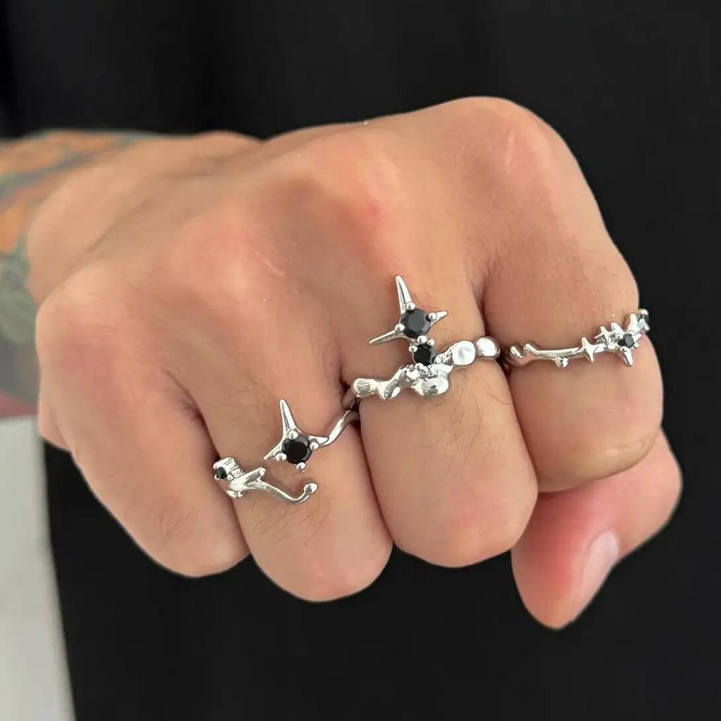 Salircon 3Pcs/set Fashion Silver Color Star Open Rings Women Men Punk Metal Geometric Adjustable Finger Ring Couple Jewelry Gift