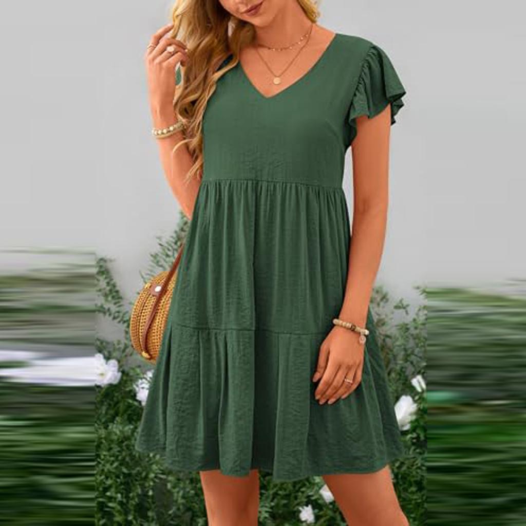 Женские летние повседневные однотонные платья с короткими рукавами и V-образным вырезом, многоуровневые платья с рюшами и трапециевидной формы с карманами