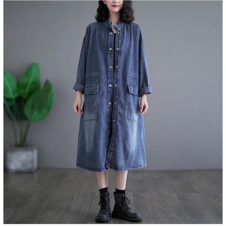 Vintage Denim Coat Spring Women Plus Size Casual Long Jacket Loose Oversized Cotton Pockets