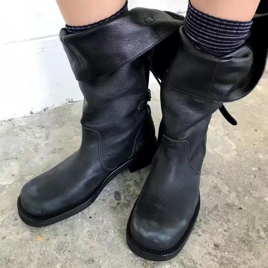 Cowhide Version Korean Version Thick Heel Pleated High Boots Women's New Folded Three-wear Outdoor Locomotive Boots Knight Boots Long Boots