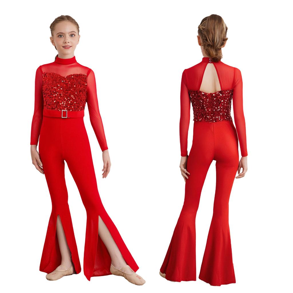 Bell-Bottom Jumpsuit for Girls: Mock Neck Long Sleeve with Sequins Bodice, Sheer Mesh & Back Cutout for Competition