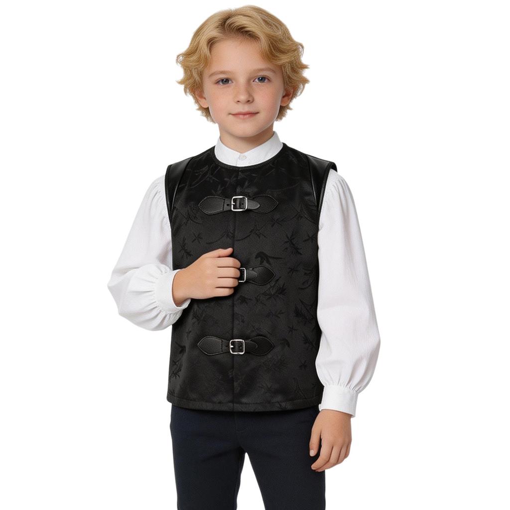 Boys Renaissance Fair Prince Costume Sleeveless Faux Leather Vest with Buckle Front for Halloween Theme Party and Stage Show