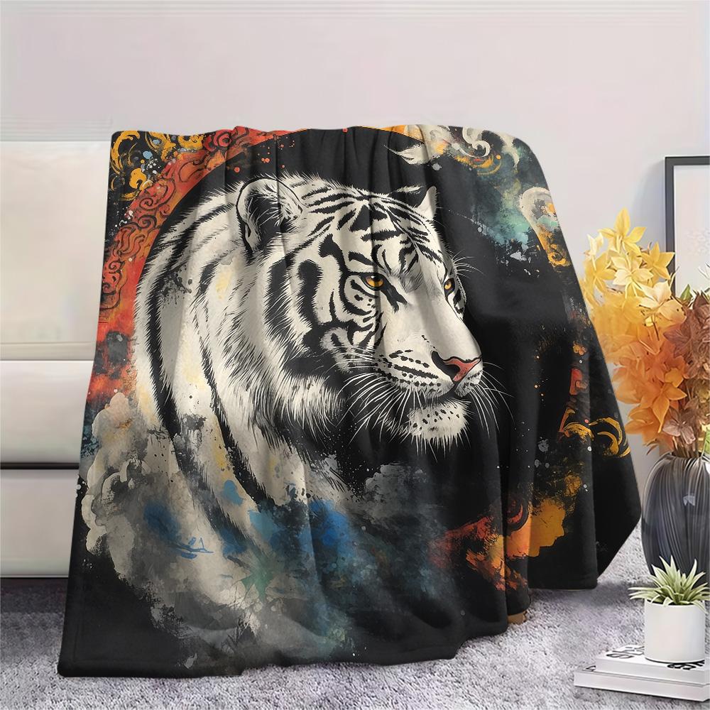 White Tiger Print Flannel Blanket, High quality Comfortable for All Seasons, Home Decor, Warmth and Comfort