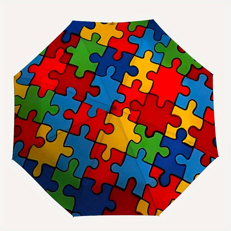 1pc Puzzle Pieces Automatic Folding Umbrella, 8-Rib Sturdy Canopy, Portable Travel Umbrella for Outdoor Use,155