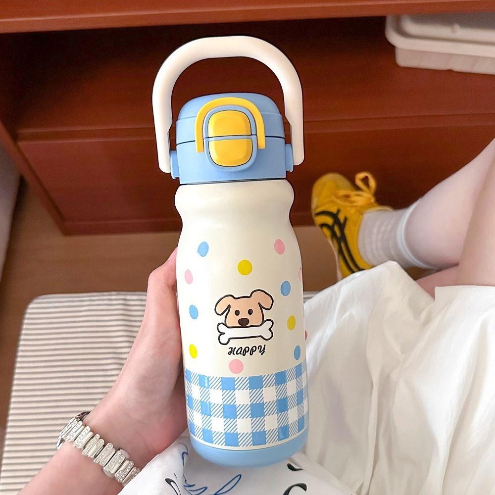 500ml Insulated Cup With Handle Thermos Water Bottle Cartoon Cartoon Straw Cup  Daily Use
