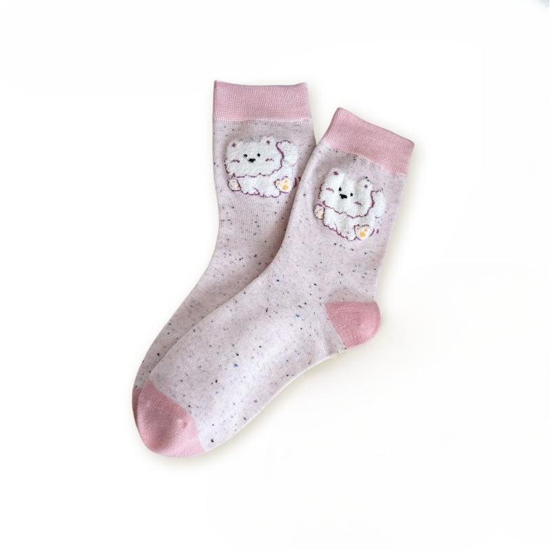 Female Spring and Summer Tie-in Color Yarn Lovely Cartoon Flock Puppy Tube Socks