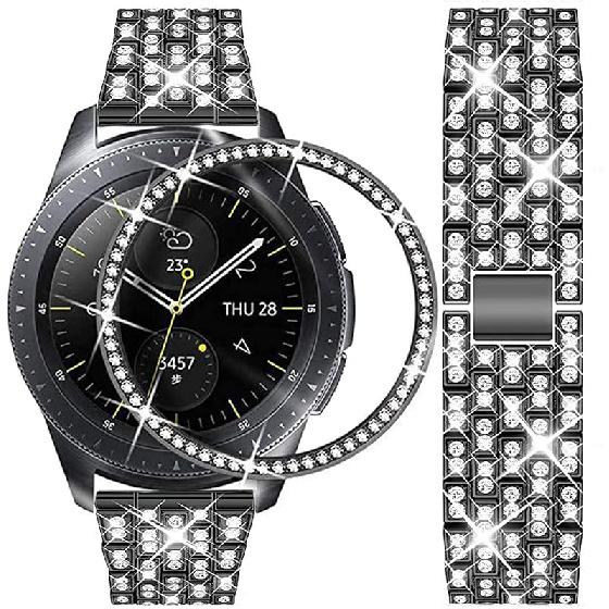 Ремешки, совместимые с Samsung Gear Sport/Galaxy Watch 42mm / Galaxy 4 Classic (42мм), Роскошный ремешок из нержавеющей стали с бриллиантами и стразами и кольцом-безелем