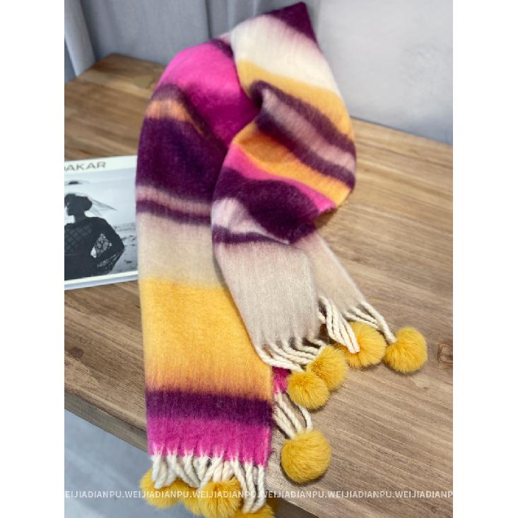 A Cute And Versatile Scarf With A Fashionable Design For Women Featuring Thick Woolen Balls Brushed Hair Tassels And Striped Stripes