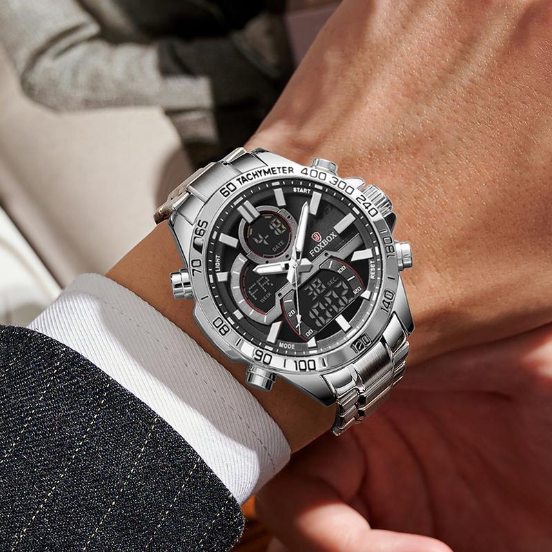 FOXBOX Top Luxury Mens Watch LIGE Fashion LED Digital Watches Men Gifts 50M Waterproof Luminous Steel Quartz Wristwatches Reloj