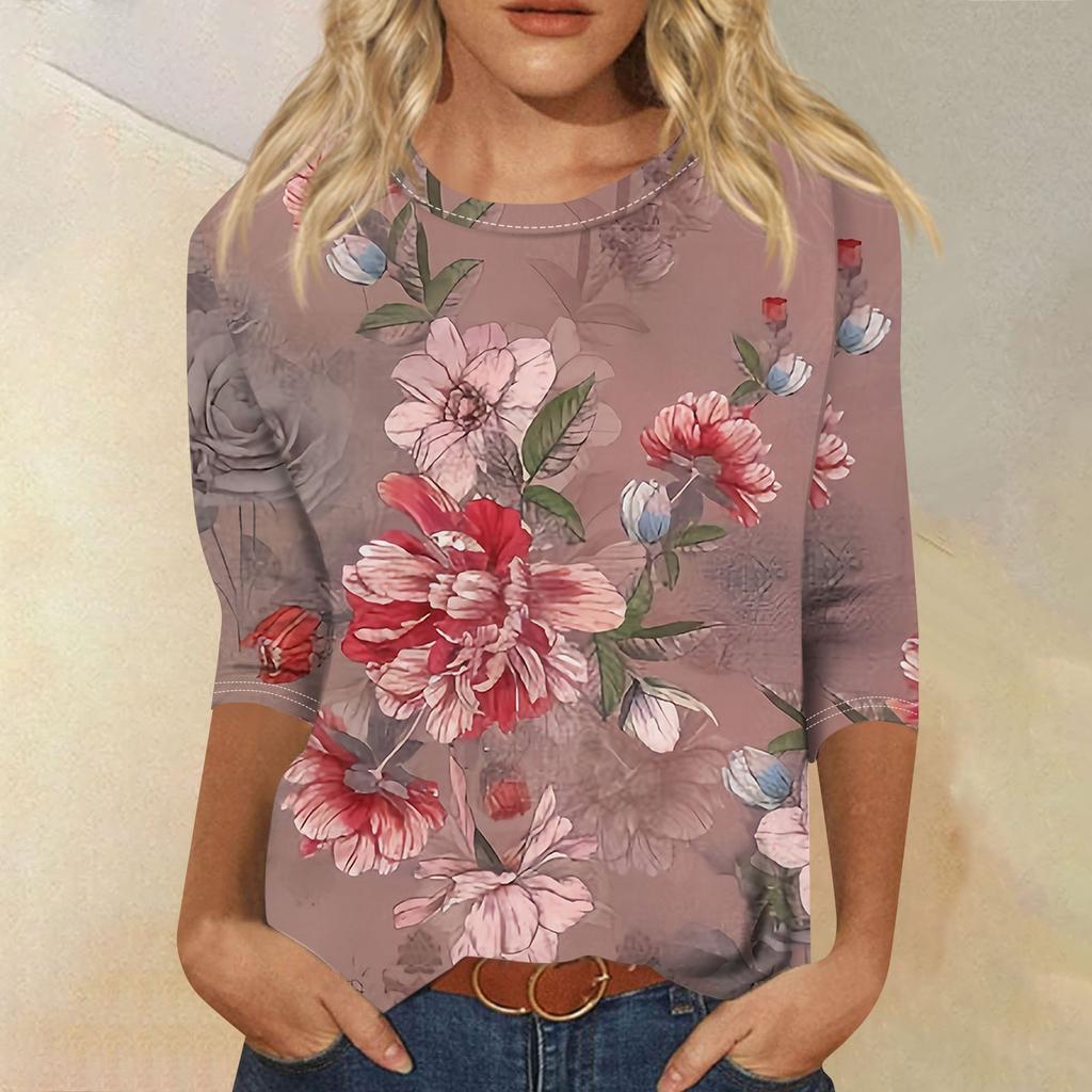 Женская мода, свободная рубашка с круглым вырезом и рукавом семь четвертей, винтажная повседневная футболка с цветочным принтом, топ
