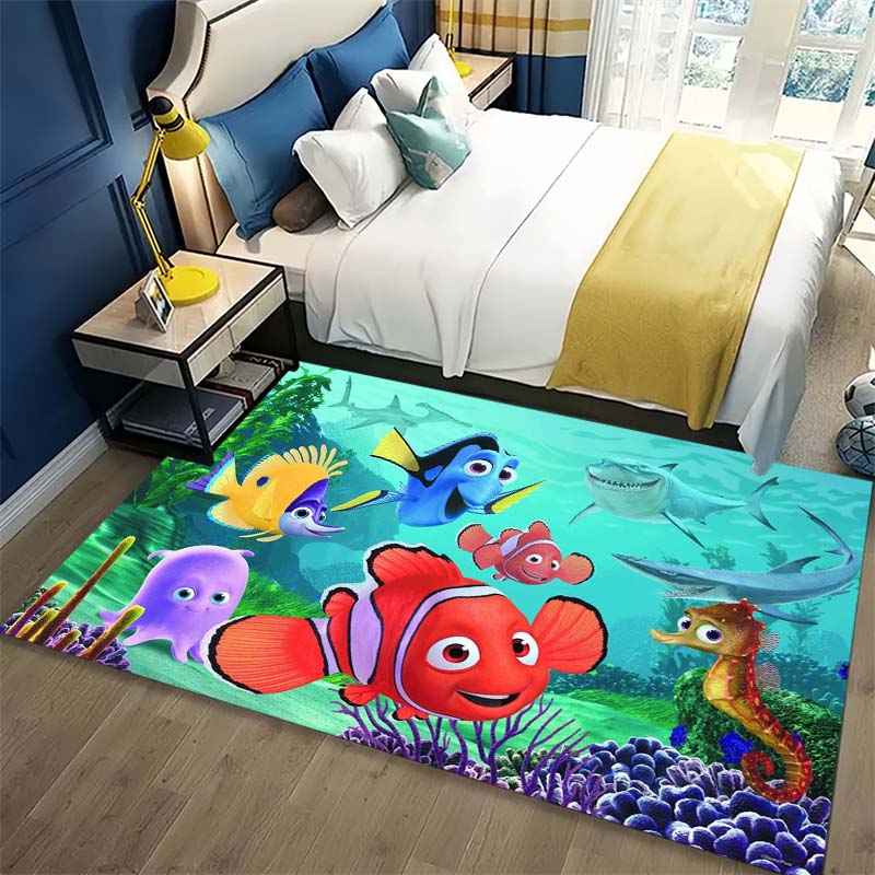 Cartoon Clownfish Shark Seahorse Undersea Print Area Rug Non‑Slip Rectangular Floor Mat Ocean Animal Home Decor