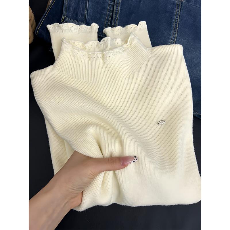 Красивая кружевная водолазка, вязаная базовая рубашка для женщин на осень и зиму, надеваемая внутрь, топ с длинными рукавами, мягкий восковой свитер