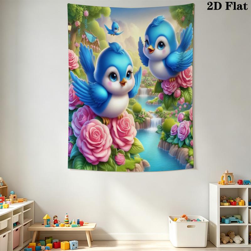 Cute Blue Yellow Birds Tapestry, Spring Flower Garden Water Scene Wall Hanging Tapestry, Nature Art Wall Decor for Bedroom Living Room Home
