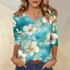 Женские топы, рубашка с рукавом три четверти, свободная повседневная рубашка с V-образным вырезом, футболка с цветочным принтом