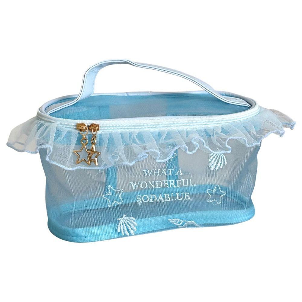 Embroidery Blue Mesh Embroidered Makeup Bag Gauze Toiletry Bag Fashion Nylon Cosmetic Bag Travel