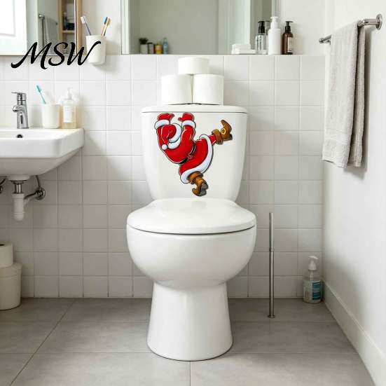 Waterproof PVC Commode Art Christmas Toilet Sticker, Funny Santa Claus Seat Decal, Stickers Holiday Bathroom Wall Decor for Home Party Decoration