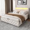 Upholstered bed 140 x 200 cm, functional bed with slatted frame and storage space, with LED lighting, with storage function, white, PU