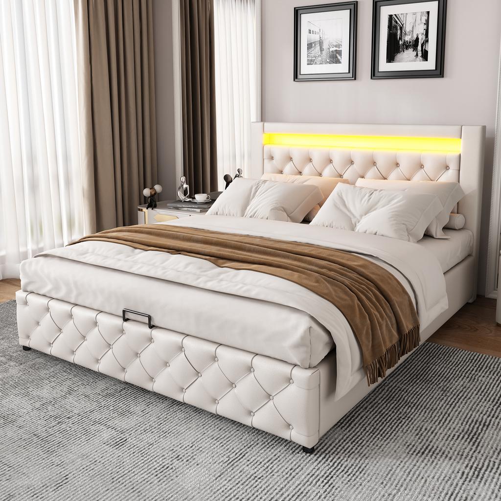 Upholstered bed 140 x 200 cm, functional bed with slatted frame and storage space, with LED lighting, with storage function, white, PU