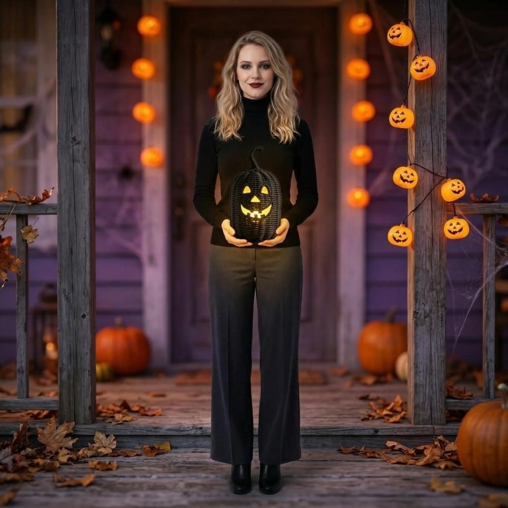 with Witch Hat Halloween Pumpkin Statue Woven Texture Pumpkin Candle Holder Desk Display