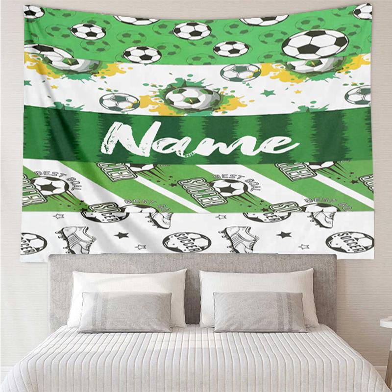 Custom Name Soccer Print Tapestry, Backdrop, Easy Setup, Ideal for Bedroom, Office & Living Room, with Aesthetic Wall Hanging Decor.