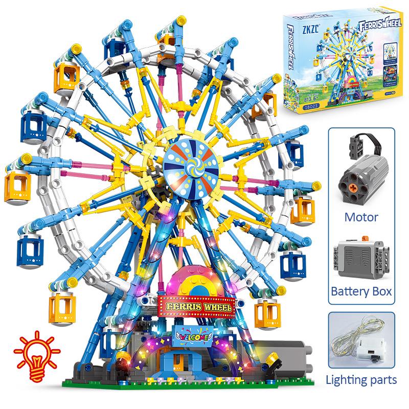 Non-Toxic Zkzc City Friends Moc Rotating Ferris Wheel Building Blocks Electric Bricks With Light Toys For Children Christmas Gifts