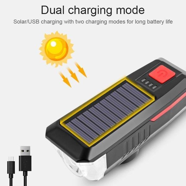 Солнечная велосипедная лампа, USB аккумуляторная, водонепроницаемая, велосипедная лампа и звуковой сигнал, 3 режима для снаряжения для ночной езды